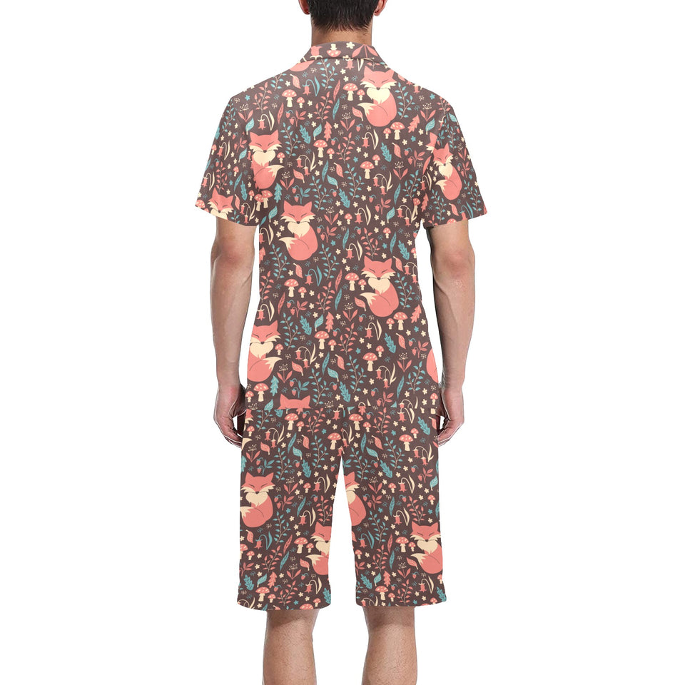 fox leaves mushroom pattern Men's V-Neck Short Pajama Set