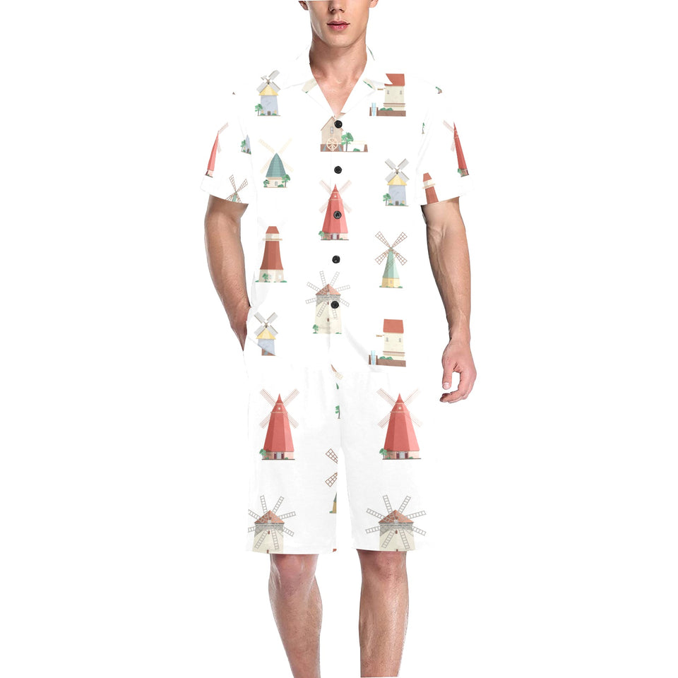 windmill design pattern Men's V-Neck Short Pajama Set