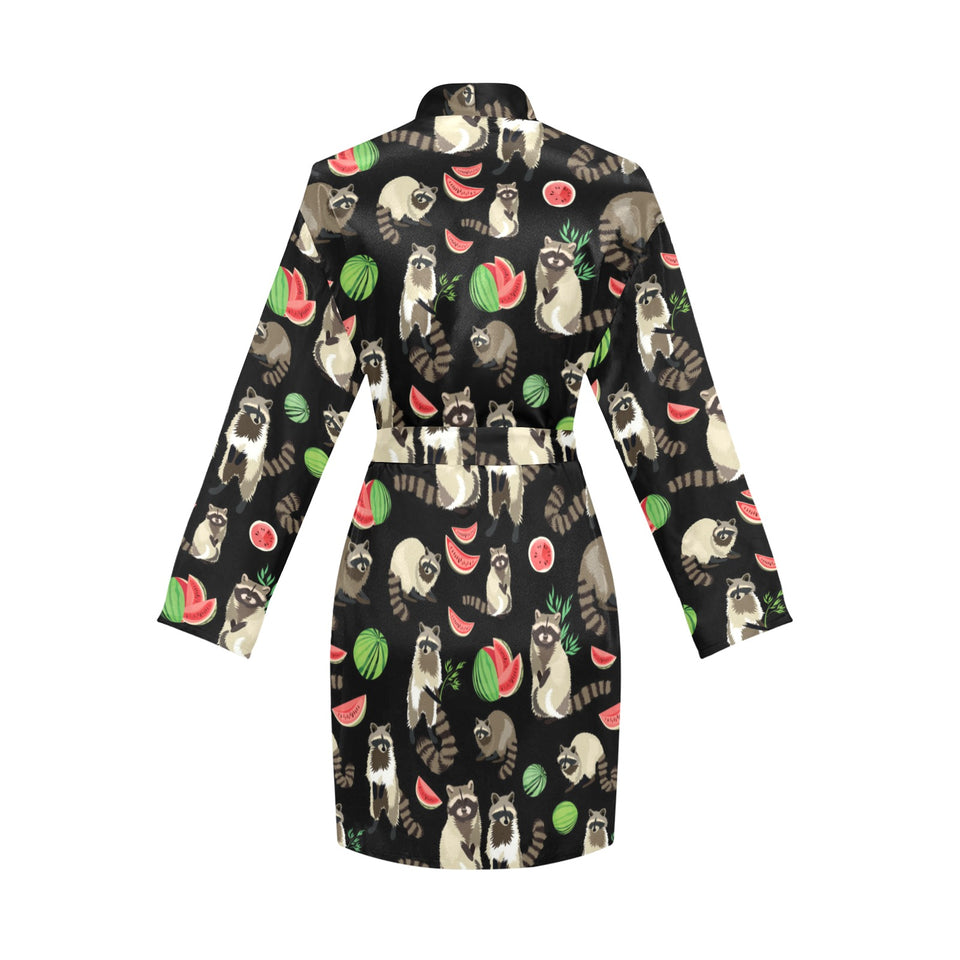 Raccoon watermelon pattern Women's Long Sleeve Belted Night Robe