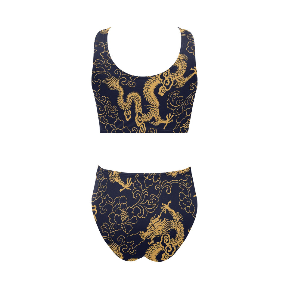 Gold dragon pattern Chest Bowknot High Waisted Bikini Swimsuit
