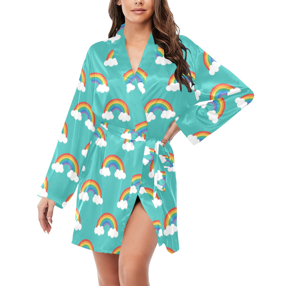 Rainbow pattern green background Women's Long Sleeve Belted Night Robe