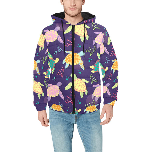 Colorful sea turtle pattern Men's Padded Hooded Jacket
