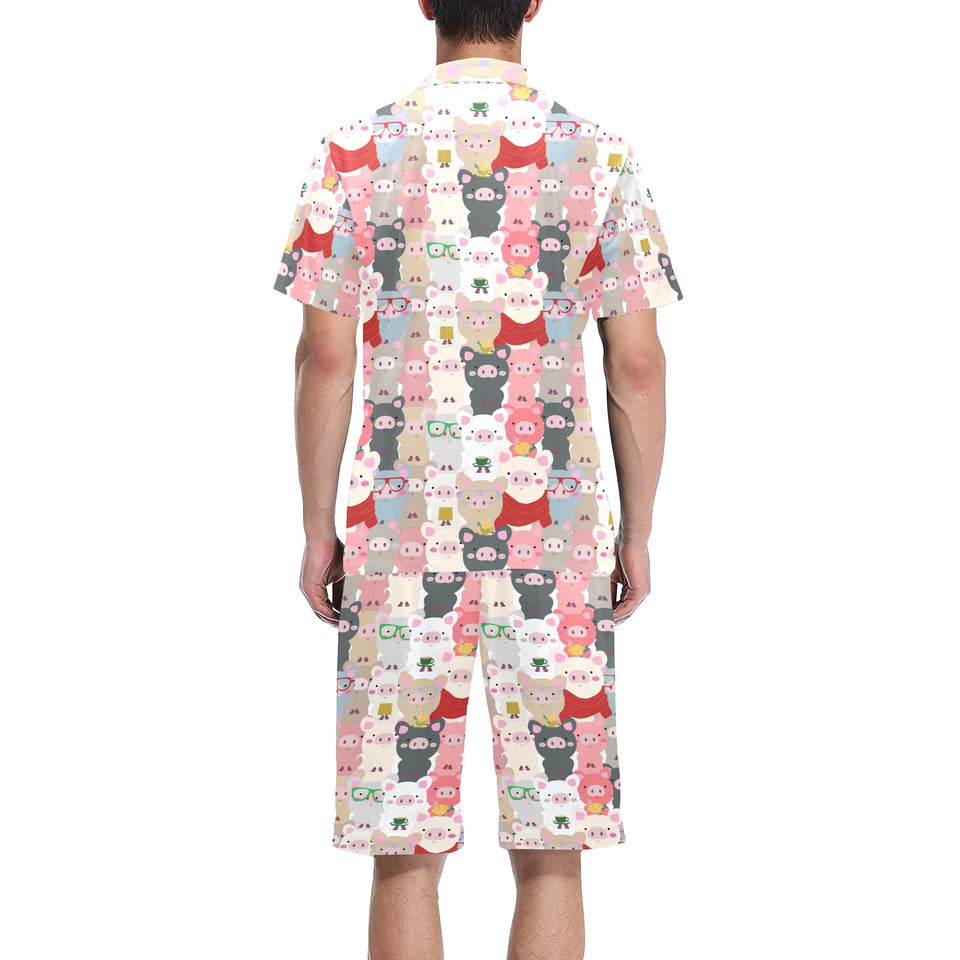 Pig Pattern Print Design 02 Men's V-Neck Short Pajama Set