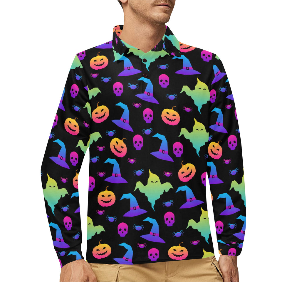 Colorful halloween background Men's Long Sleeve Polo Shirt