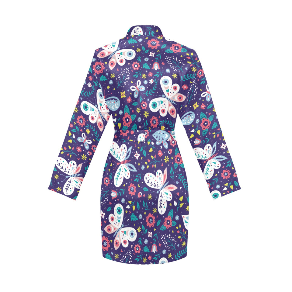 Colorful butterfly flower pattern.eps Women's Long Sleeve Belted Night Robe