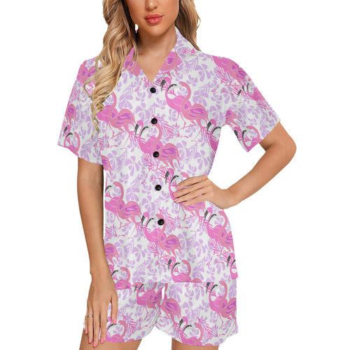 Pink flamingo flower pattern Women's V-Neck Short Pajama Set