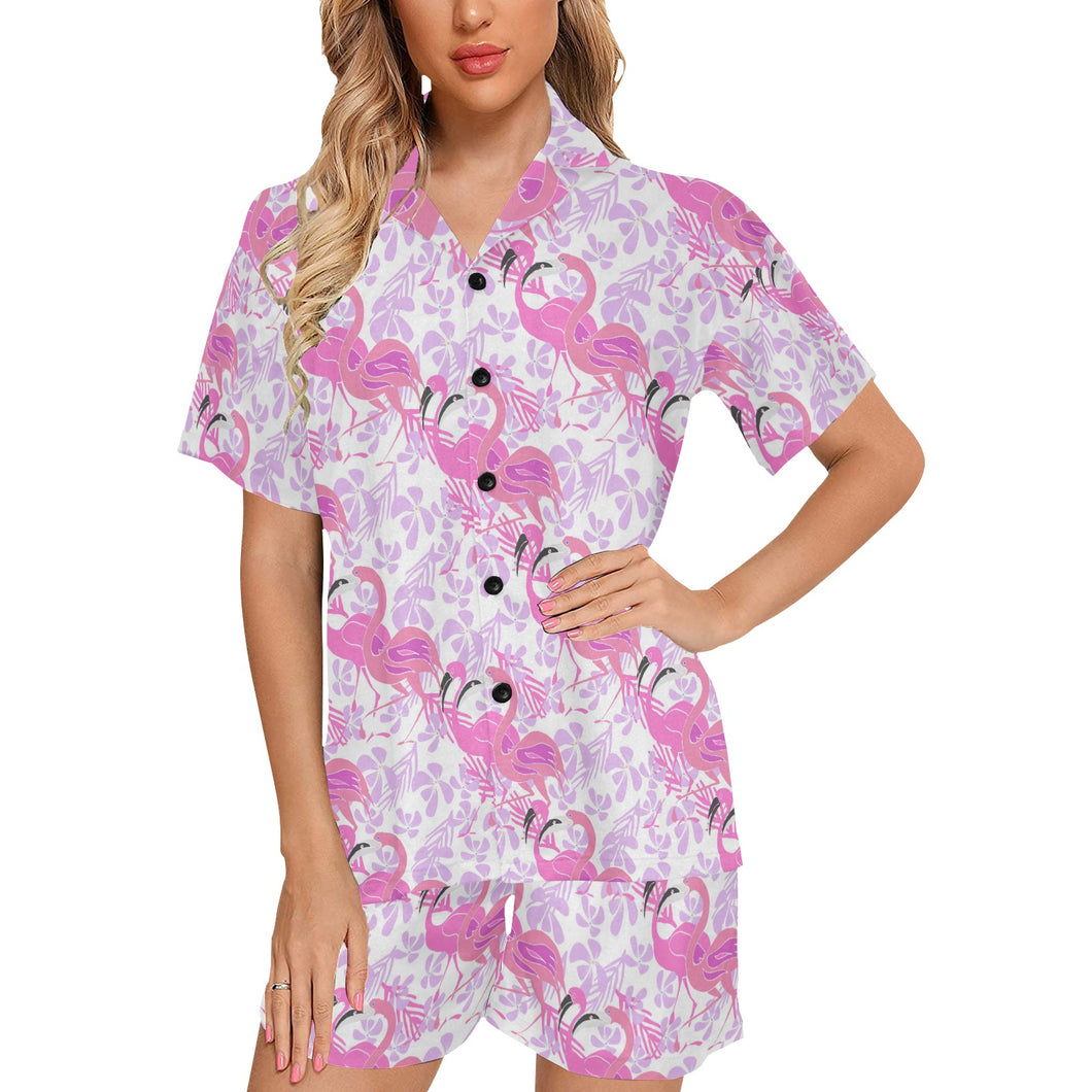 Pink flamingo flower pattern Women's V-Neck Short Pajama Set