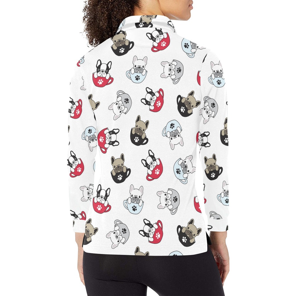 French bulldog cup paw pattern Women's Long Sleeve Polo Shirt