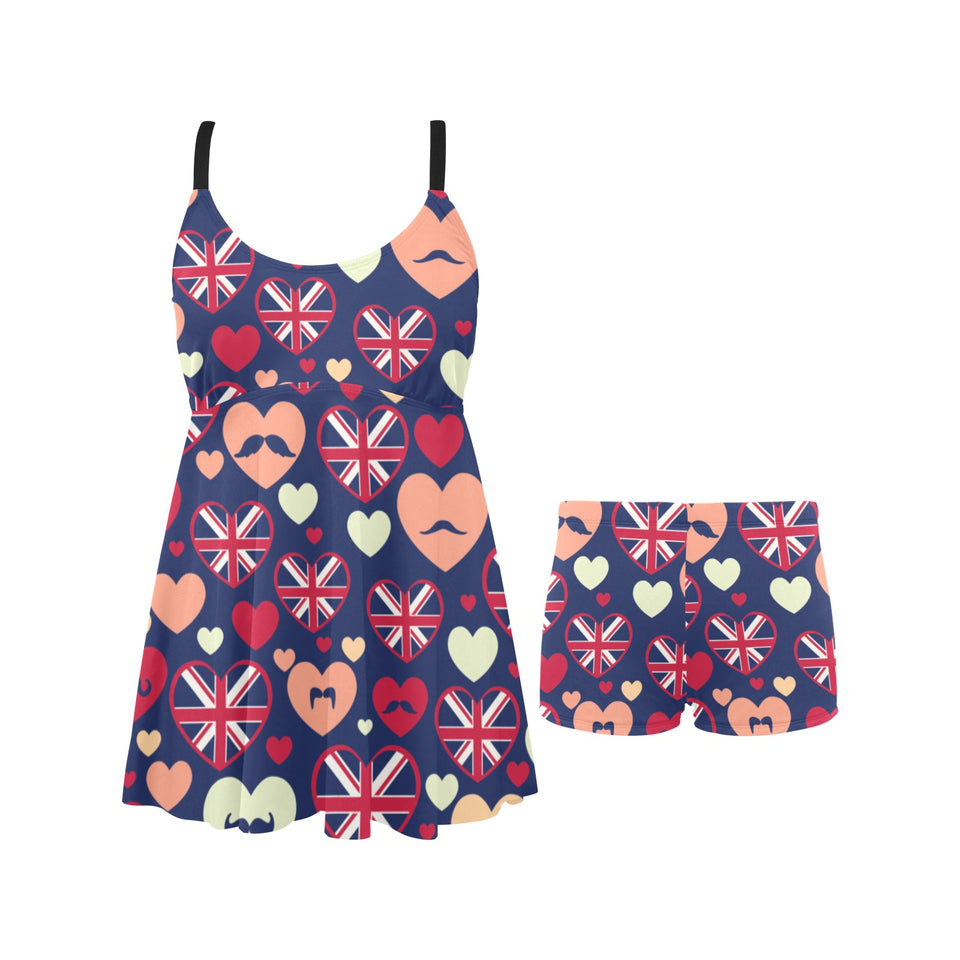 British Pattern Print Design 02 Chest Sexy Pleated Two Piece Swim Dress