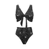 Spider web design pattern Black background white c Chest Bowknot High Waisted Bikini Swimsuit