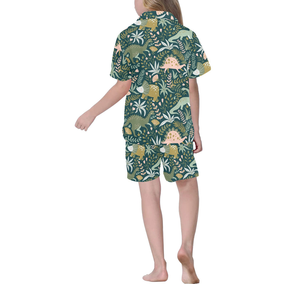 dinosaurs tropical leaves flower pattern Kids' Boys' Girls' V-Neck Short Pajama Set