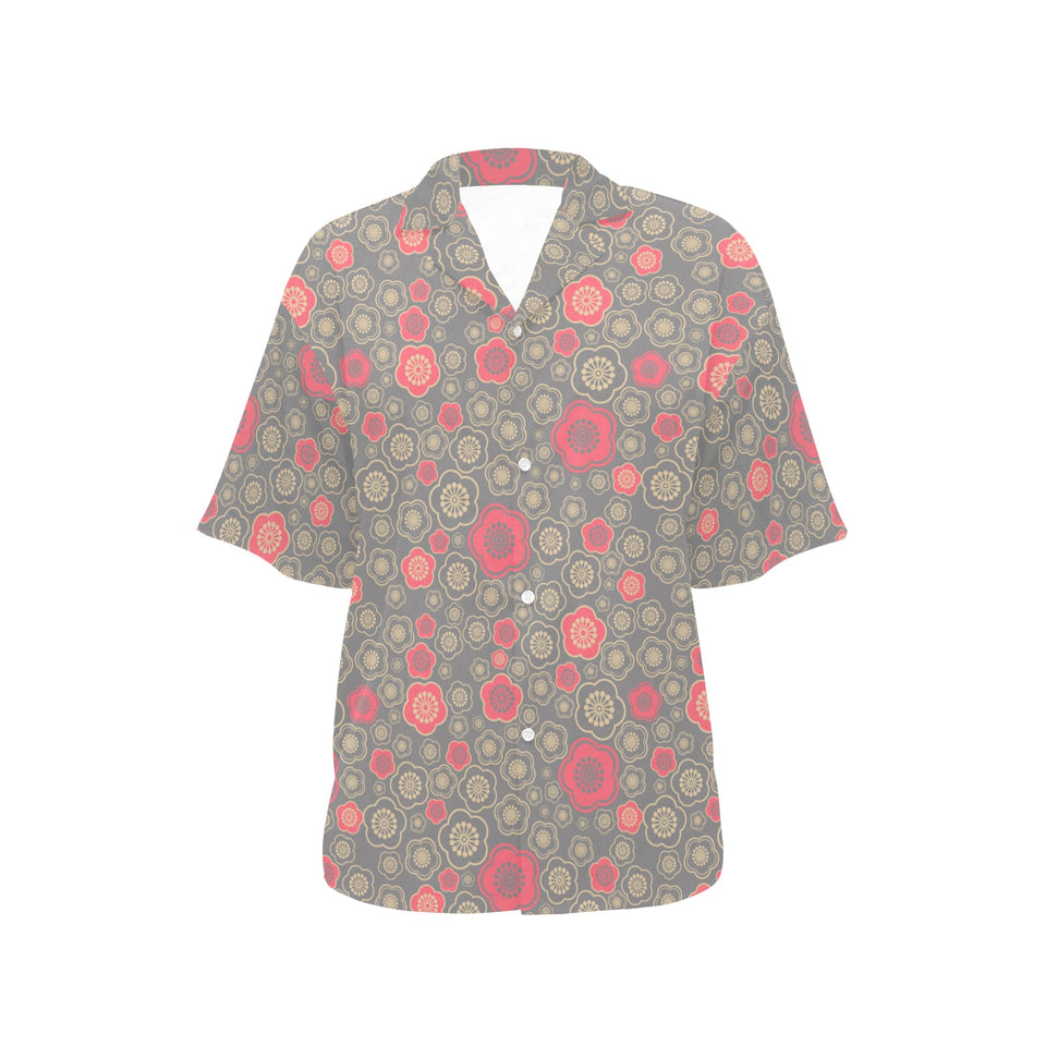 Red gold Sakura cherry blossom gray background Women's All Over Print Hawaiian Shirt