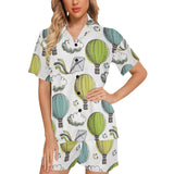 Hot Air Balloon Bird Cloud Pattern Women's V-Neck Short Pajama Set