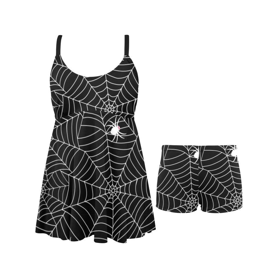 Spider web design pattern Black background white c Chest Sexy Pleated Two Piece Swim Dress