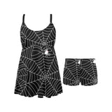 Spider web design pattern Black background white c Chest Sexy Pleated Two Piece Swim Dress