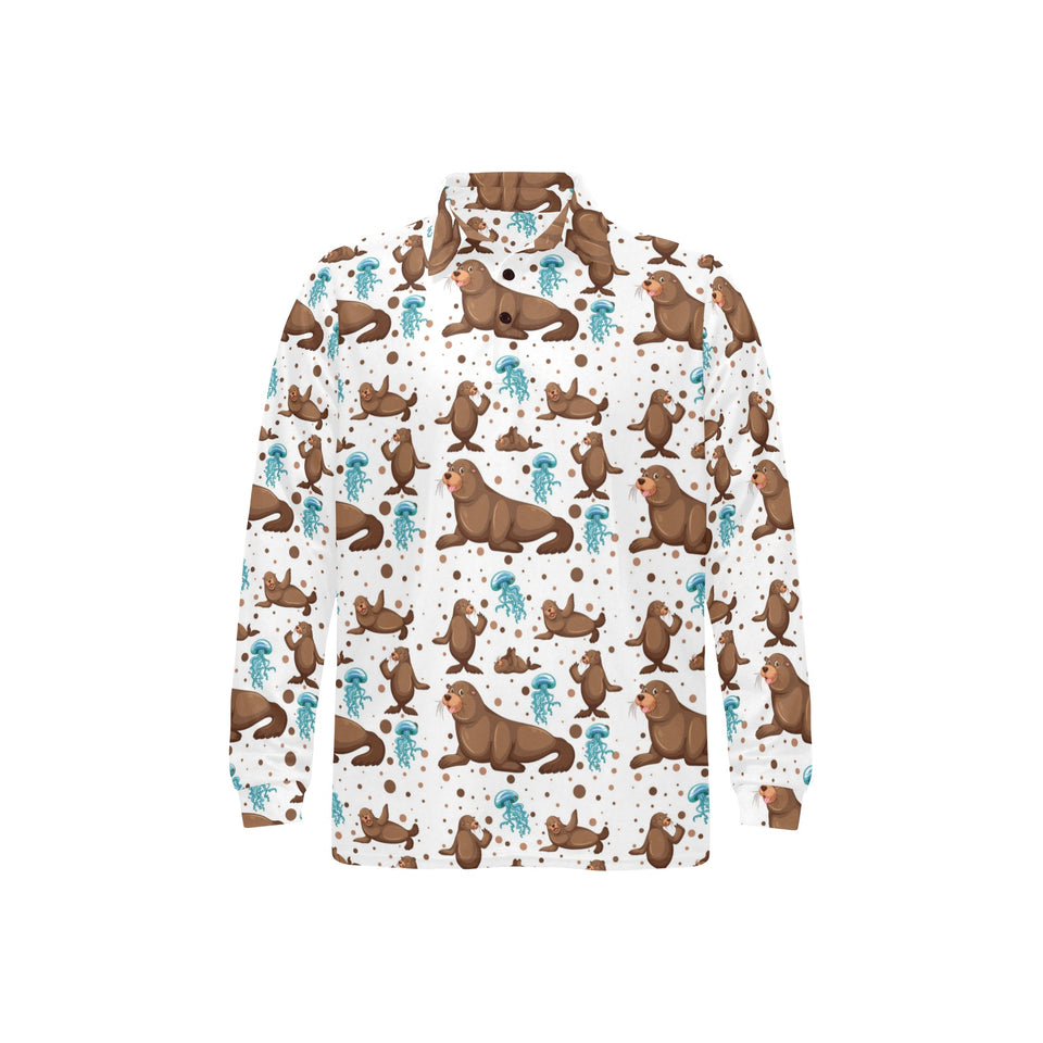 sea lion Seals jellyfish pattern Men's Long Sleeve Polo Shirt