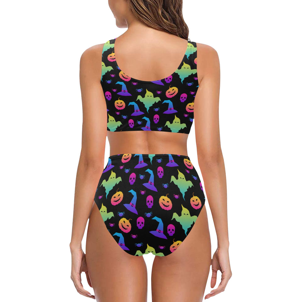 Colorful halloween background Chest Bowknot High Waisted Bikini Swimsuit