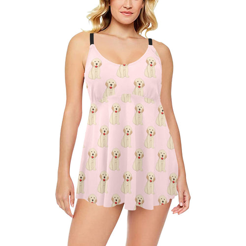Golden Retriever Pattern Print Design 02 Chest Sexy Pleated Two Piece Swim Dress