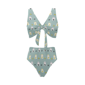 Cute hamster cheese pattern Chest Bowknot High Waisted Bikini Swimsuit