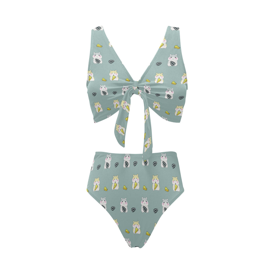 Cute hamster cheese pattern Chest Bowknot High Waisted Bikini Swimsuit