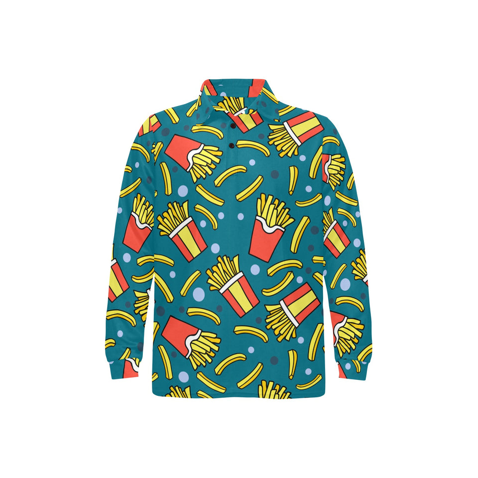 French fries red paper box pattern Men's Long Sleeve Polo Shirt
