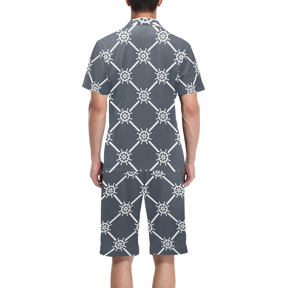 nautical steering wheel rope pattern Men's V-Neck Short Pajama Set