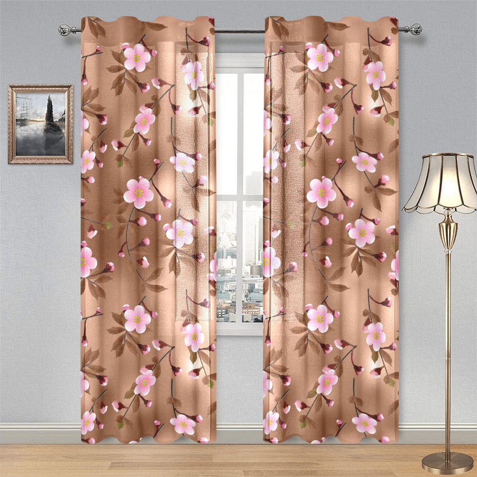 Pink sakura cherry blossom drak brown background Gauze Curtain