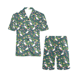 Pelican Pattern Print Design 05 Men's V-Neck Short Pajama Set