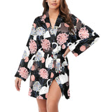 white swan blooming flower pattern Women's Long Sleeve Belted Night Robe
