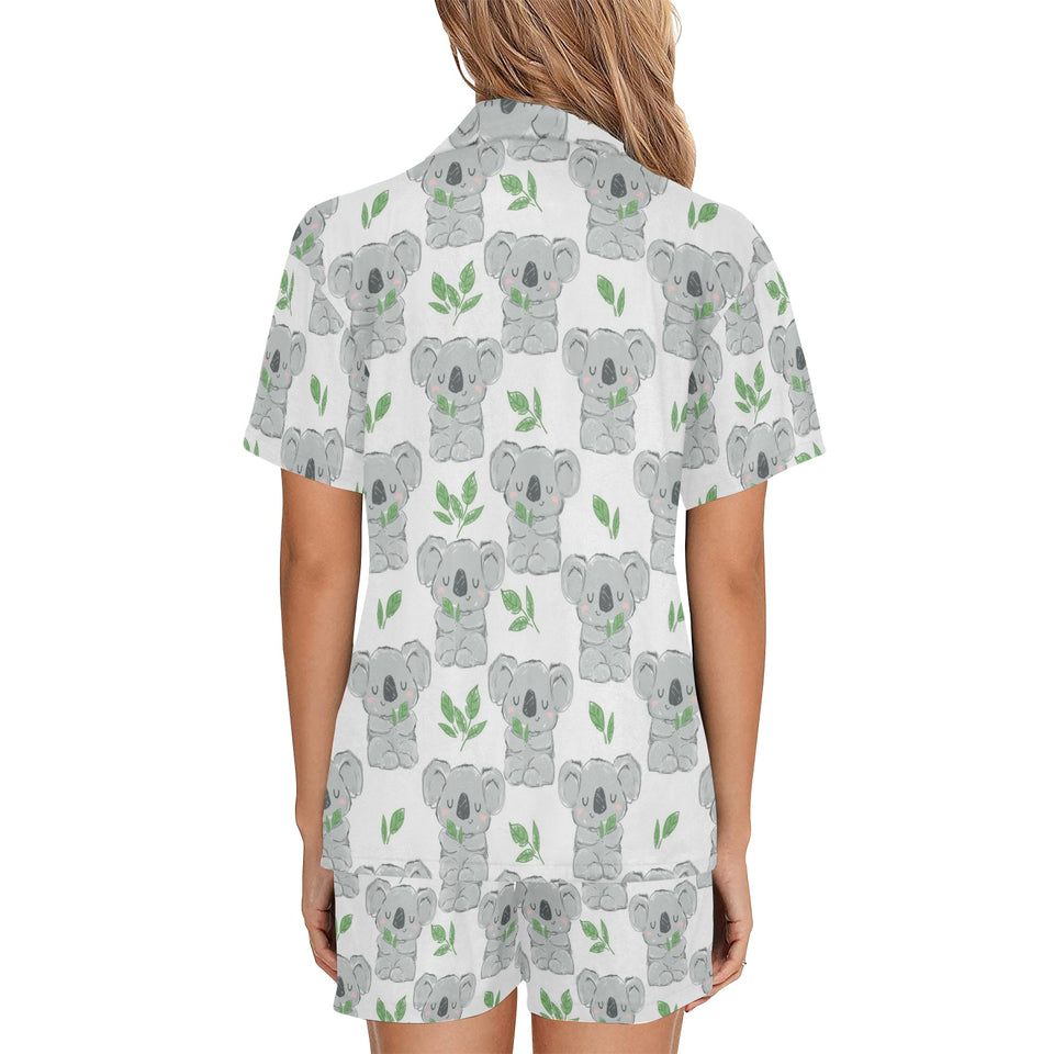 Hand drawn Koala leaves pattern Women's V-Neck Short Pajama Set