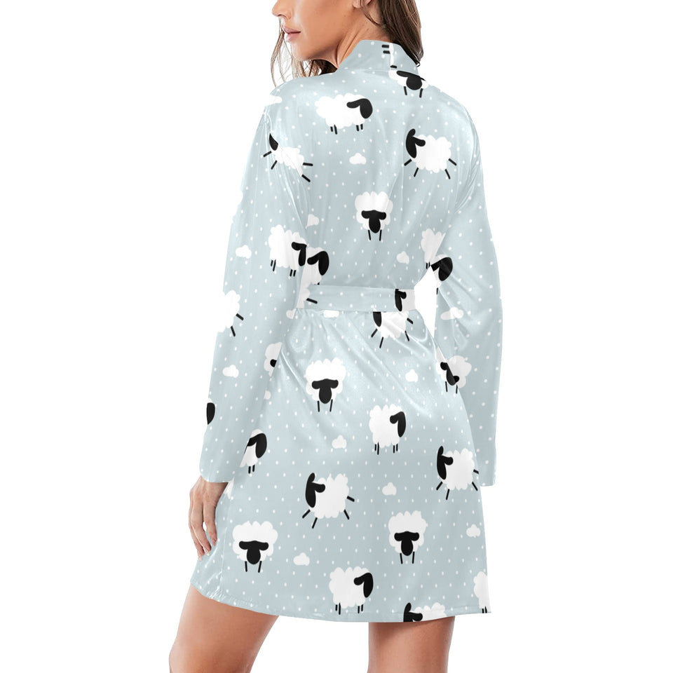 Sheep polka dot cloud pattern Women's Long Sleeve Belted Night Robe