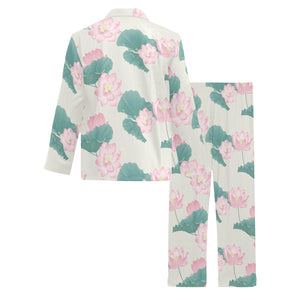 Pink lotus waterlily leaves pattern Men's Long Pajama Set