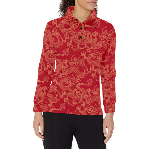 Gold dragons red background Women's Long Sleeve Polo Shirt