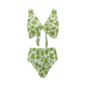 Hop design pattern Chest Bowknot High Waisted Bikini Swimsuit