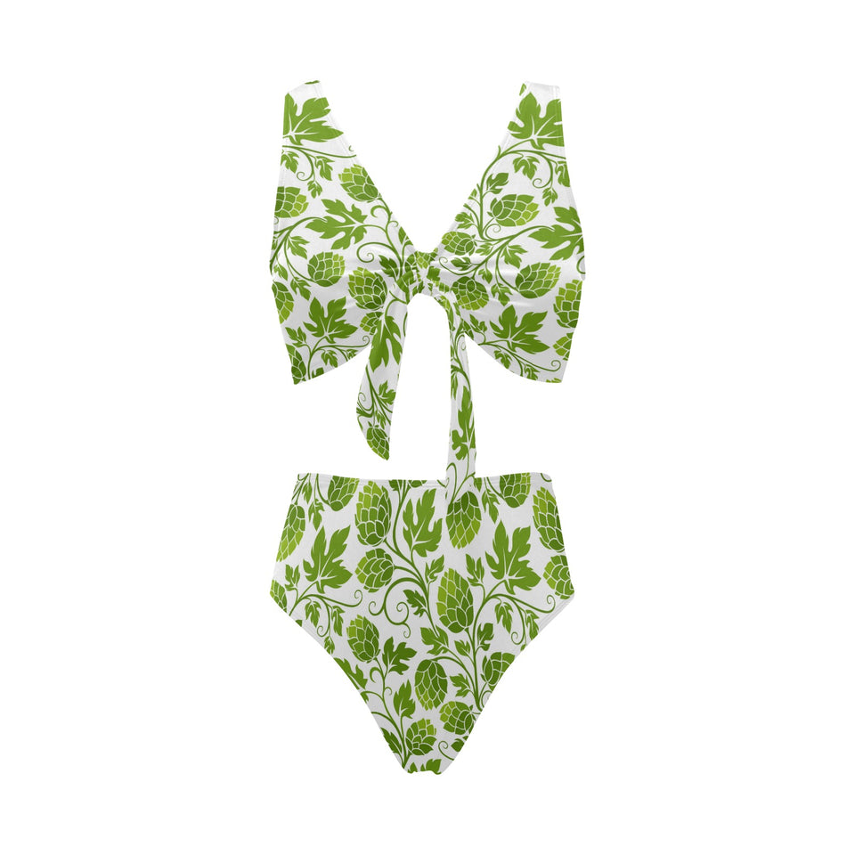 Hop design pattern Chest Bowknot High Waisted Bikini Swimsuit