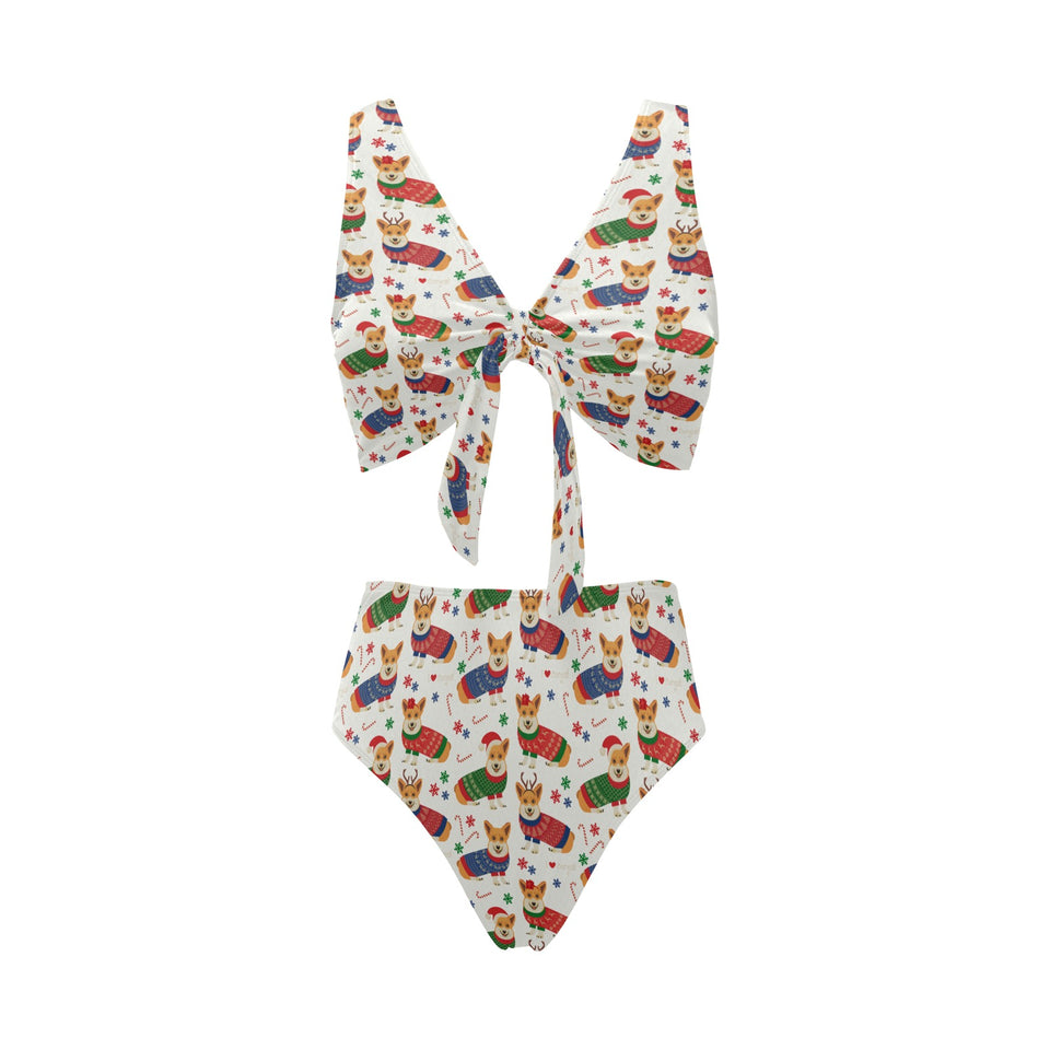 Corgi Christmas Pattern Chest Bowknot High Waisted Bikini Swimsuit