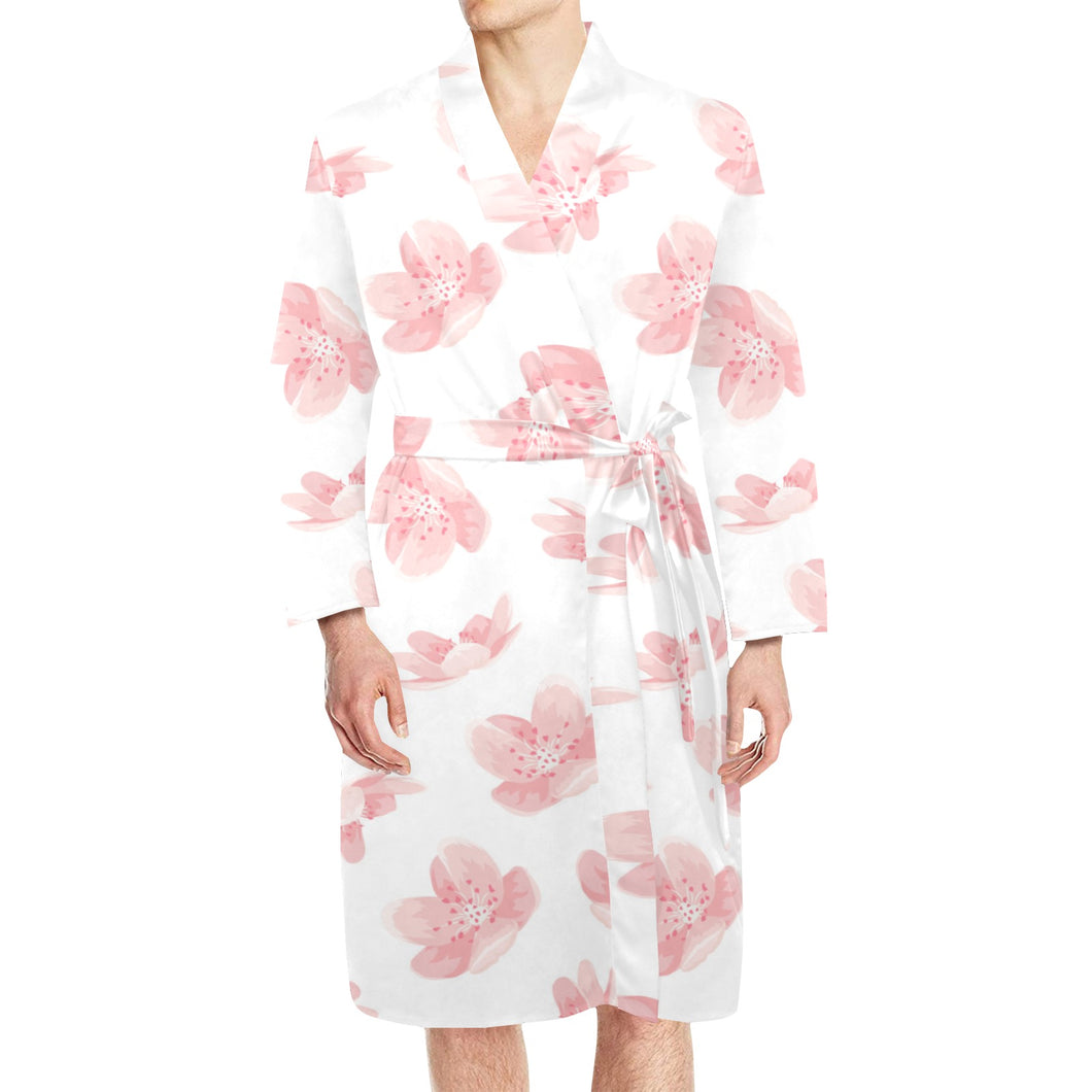 Pink sakura cherry blossom pattern Men's Long Sleeve Belted Night Robe