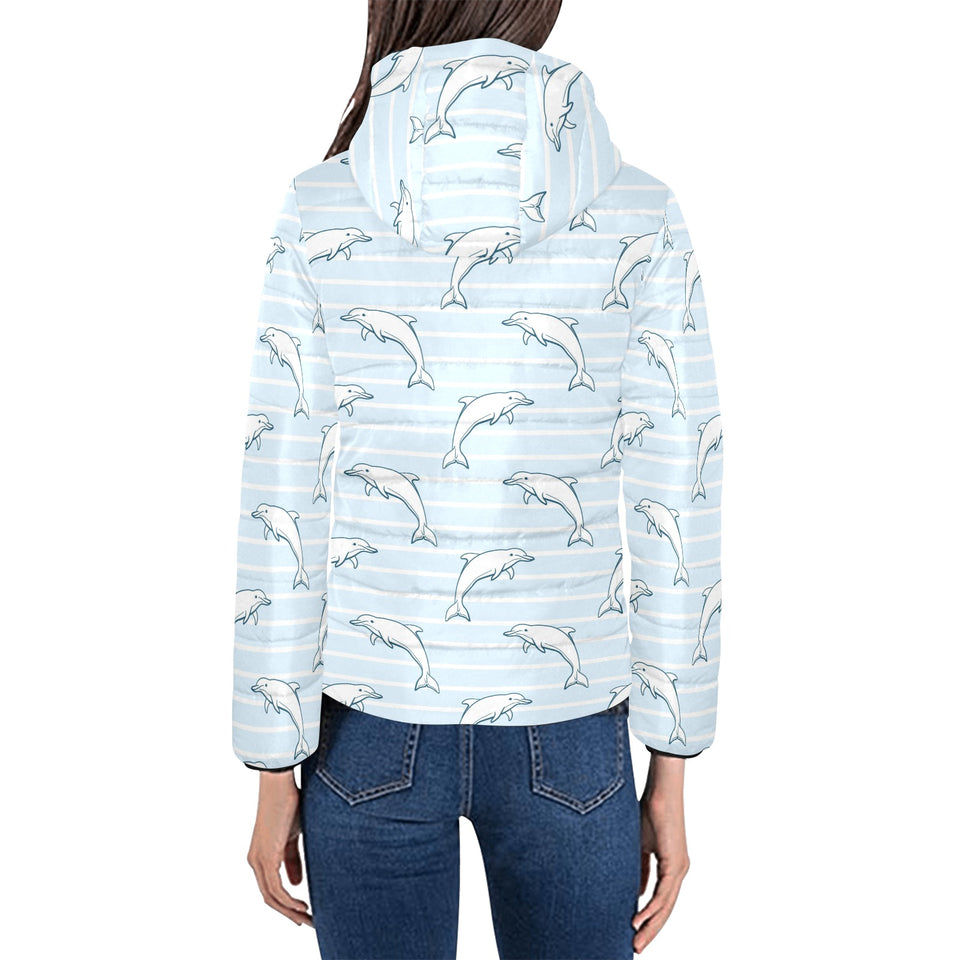 Dolphin blue striped background Women's Padded Hooded Jacket