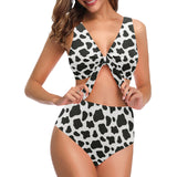 Cow skin pattern Chest Bowknot High Waisted Bikini Swimsuit