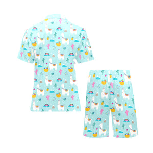 Llama alpaca cactus leaves pattern Men's V-Neck Short Pajama Set