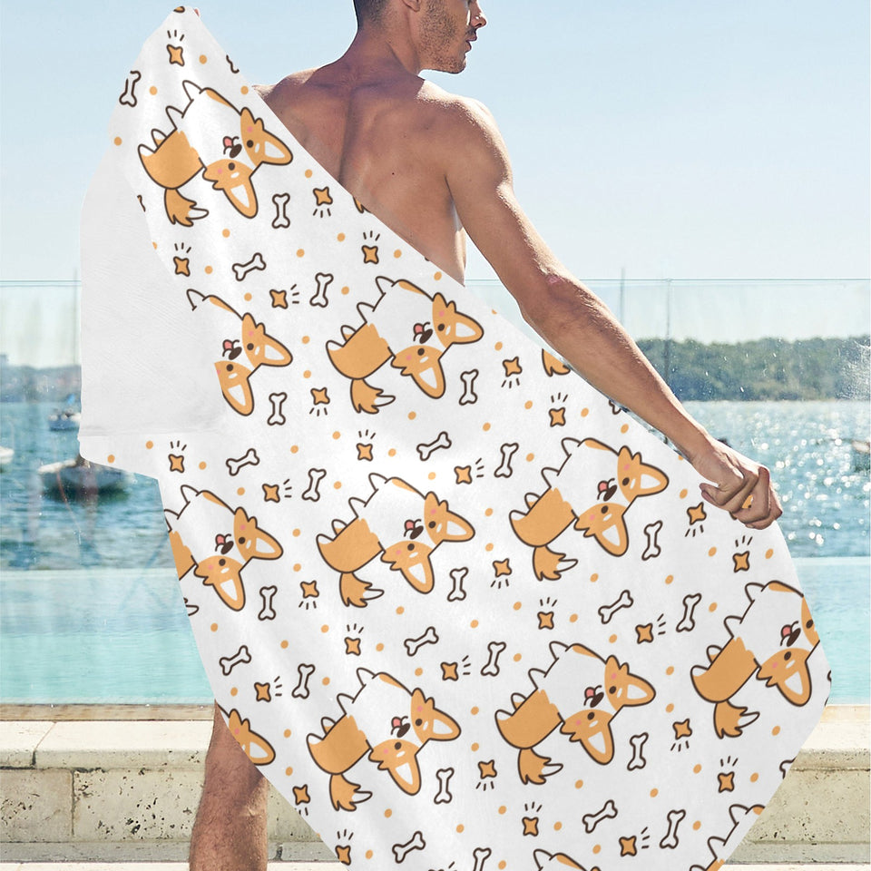 Cute corgi heart star bone pattern Beach Towel