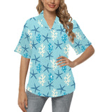 Blue starfish coral reef pattern Women's All Over Print Hawaiian Shirt