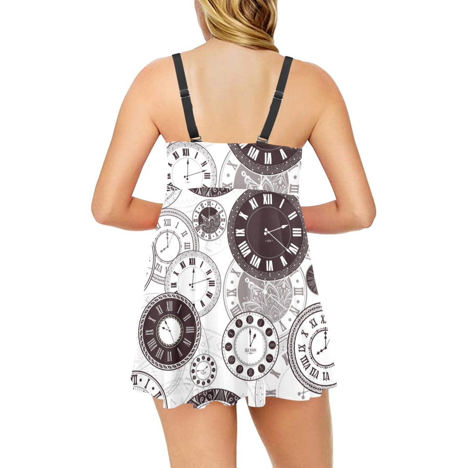 Classic vintage clock pattern Chest Sexy Pleated Two Piece Swim Dress