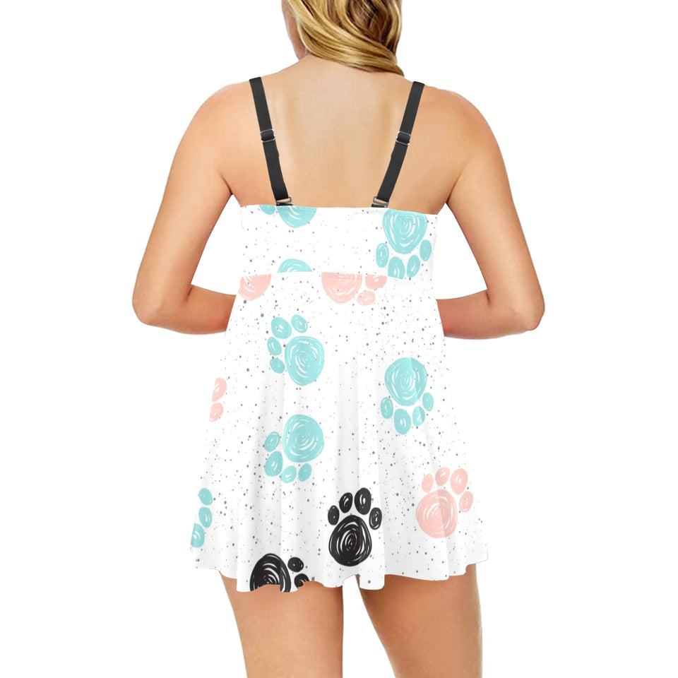 Dog Paws Pattern Print Design 04 Chest Sexy Pleated Two Piece Swim Dress