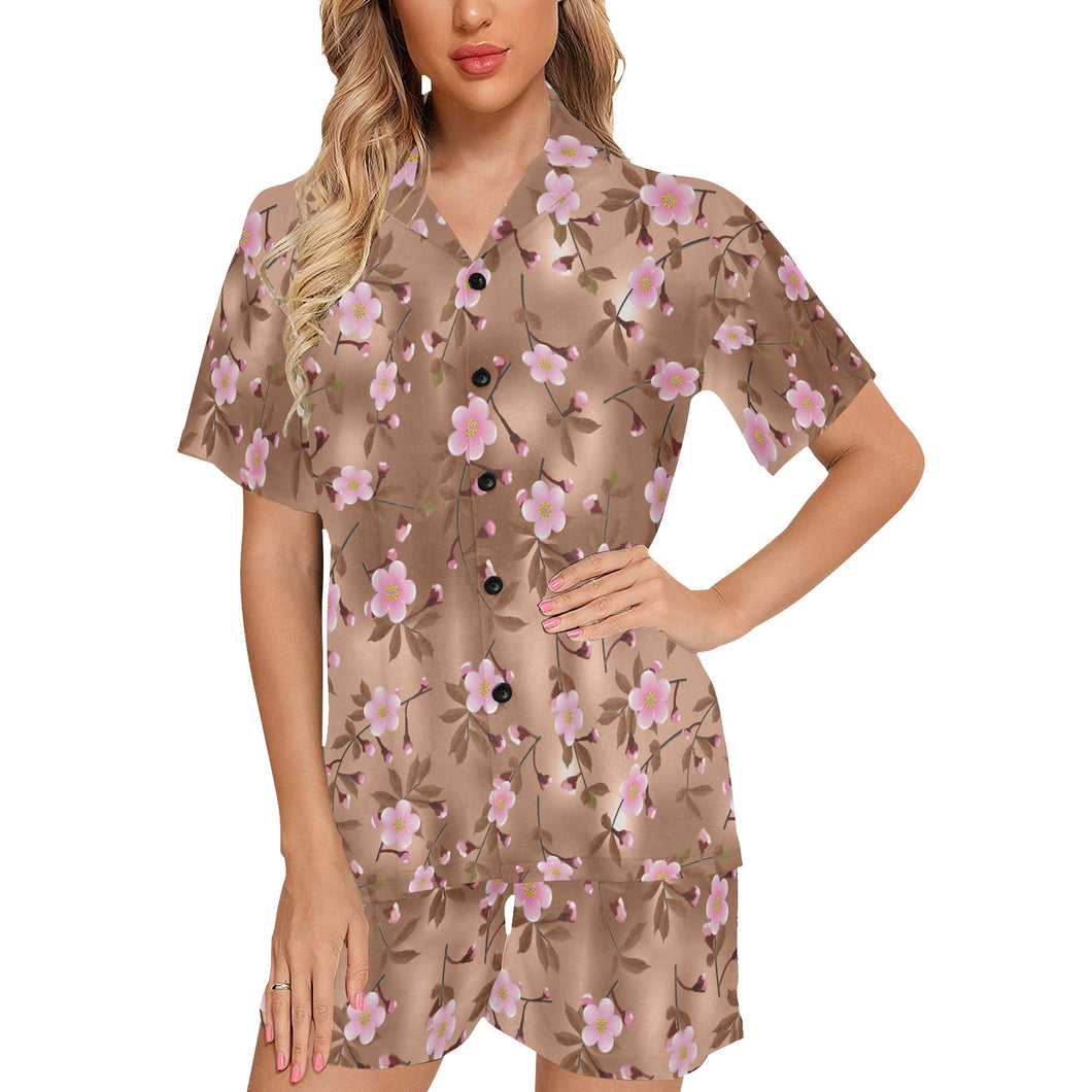 Pink sakura cherry blossom drak brown background Women's V-Neck Short Pajama Set