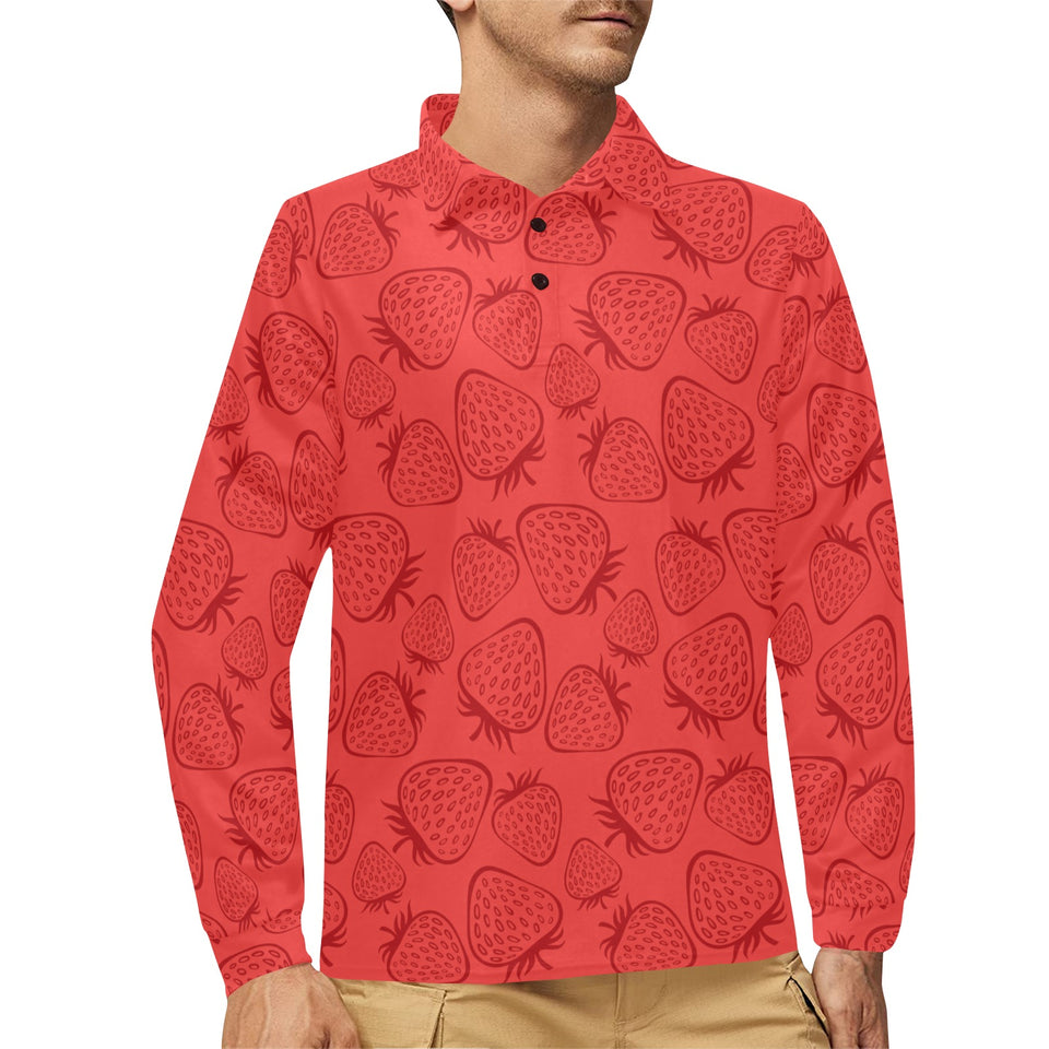 strawberry pattern red background Men's Long Sleeve Polo Shirt