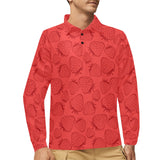 strawberry pattern red background Men's Long Sleeve Polo Shirt