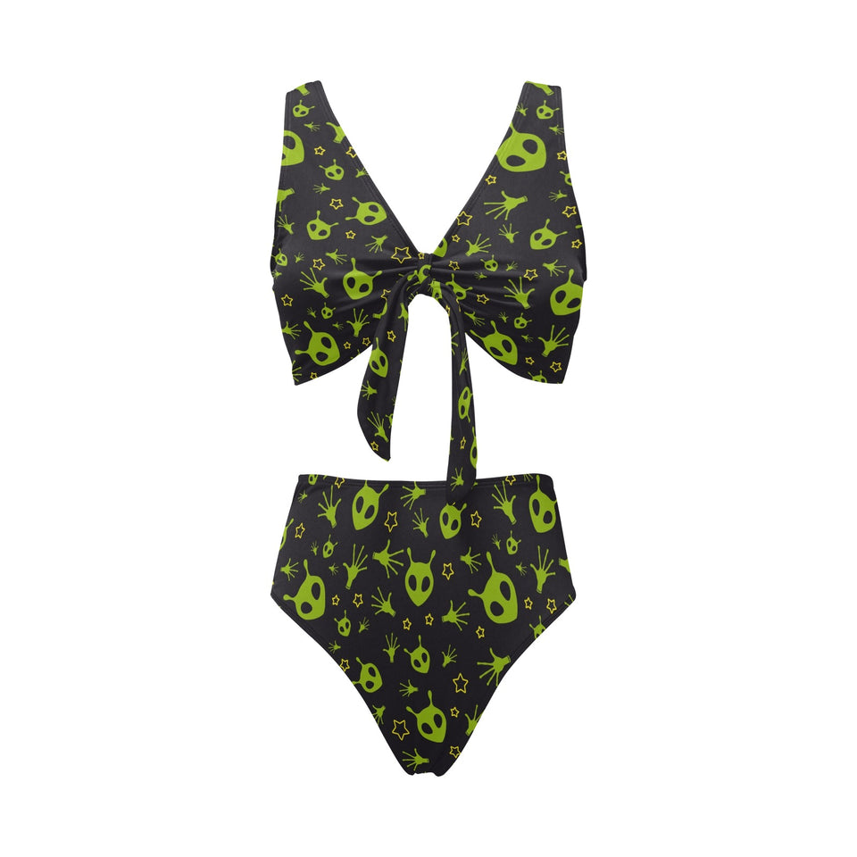 Alien Pattern Print Design 02 Chest Bowknot High Waisted Bikini Swimsuit