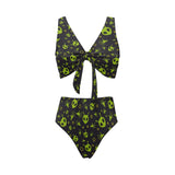 Alien Pattern Print Design 02 Chest Bowknot High Waisted Bikini Swimsuit