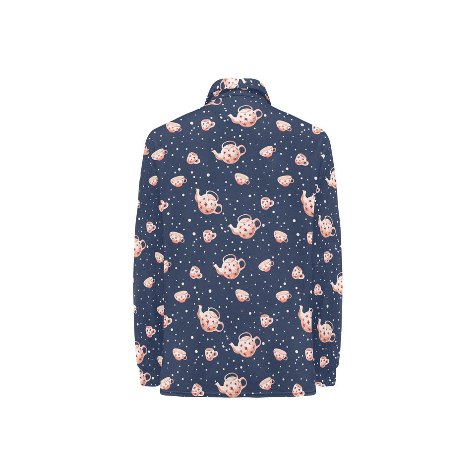 Tea pots Pattern Print Design 04 Women's Long Sleeve Polo Shirt